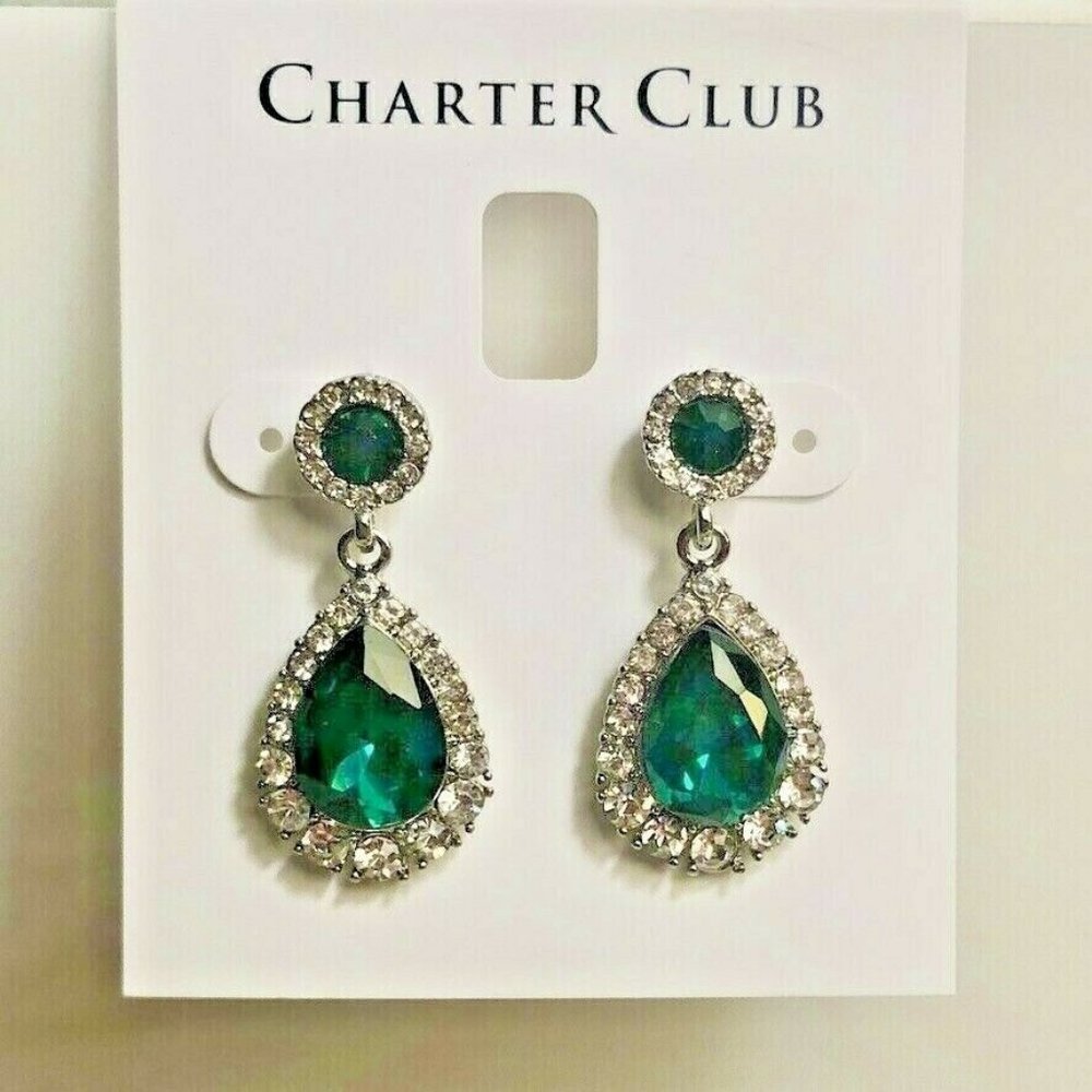 Charter Club Crystal & Green Stone Drop Earrings